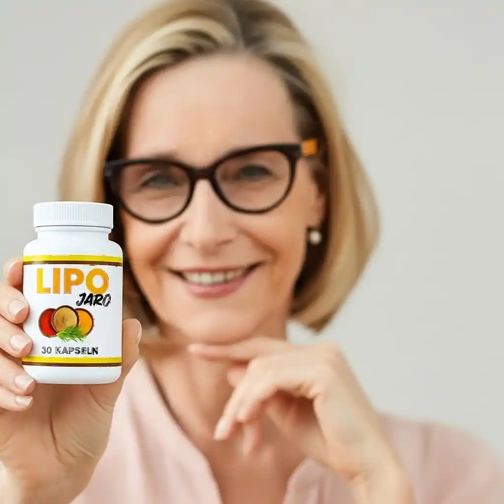 Satisfied customer holding LipoJaro supplement bottle closeup